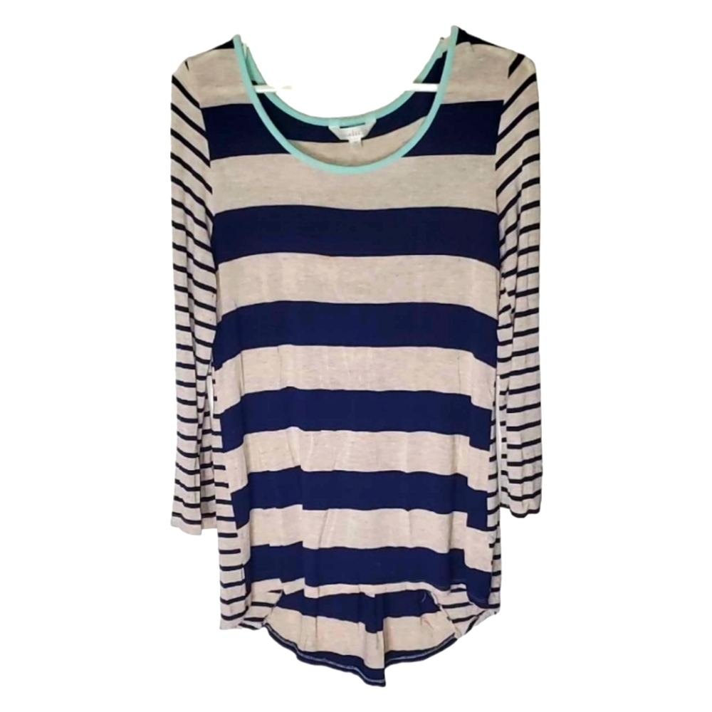 CHARMING CHARLIE Navy Blue & Beige Striped Pullover Top Button Corset Look Back